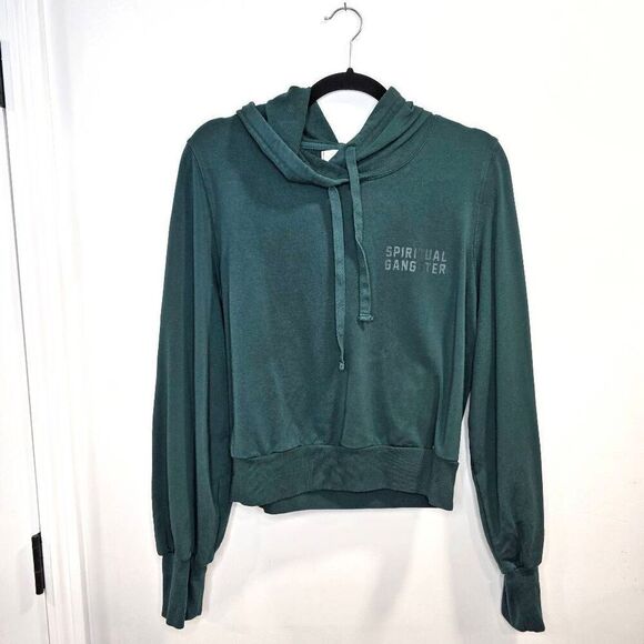 Spiritual Gangster Hoodie Women's Large Green Crop Drawstring Gorpcore Stretch - Picture 2 of 7